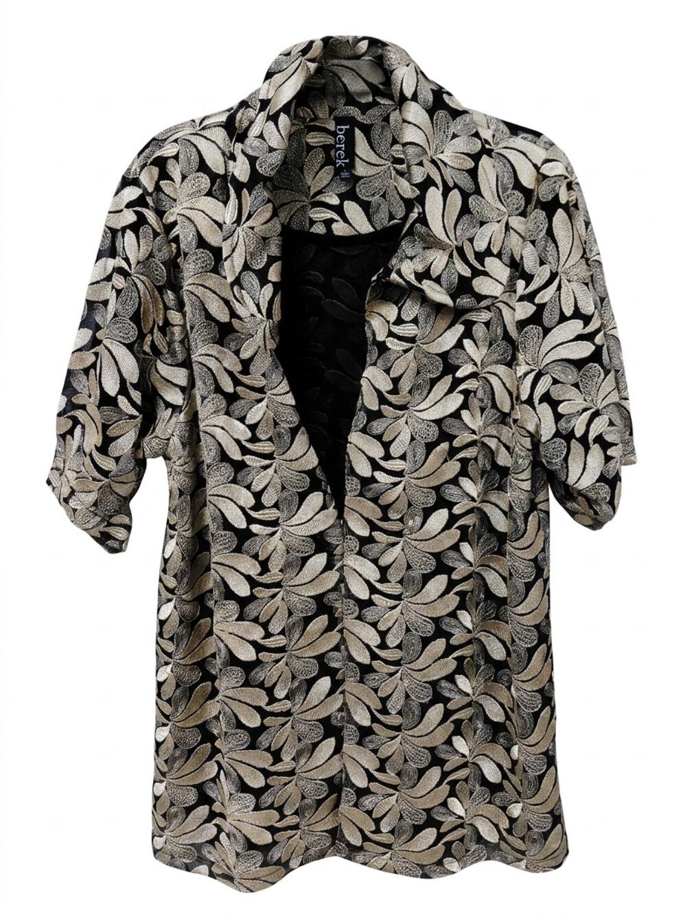 Berek Black Gold Embroidered Leaf Short Sleeve Collared Blouse Women Size L